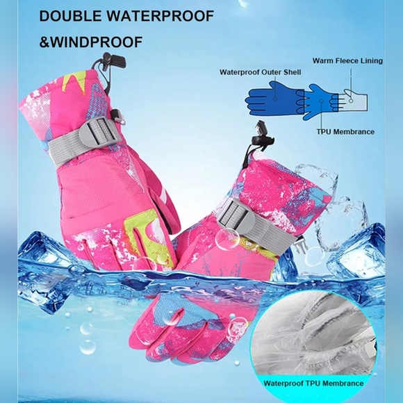KID Snow Gloves Waterproof Lined Long Cuff Leather Gloves for Girls, Size: XS - Picture 2 of 5
